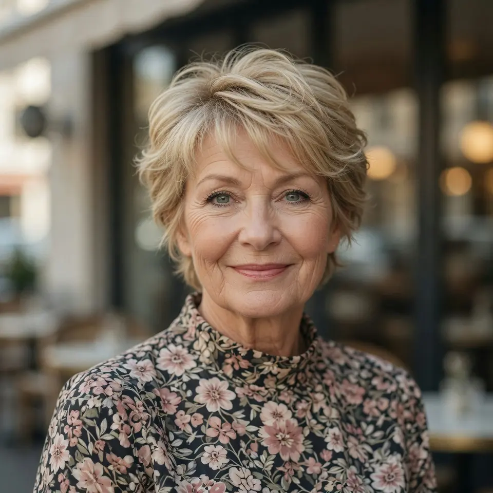 #8 Champagne Blonde Pixie Shag with Feathered Crown and Side-Swept Fringe