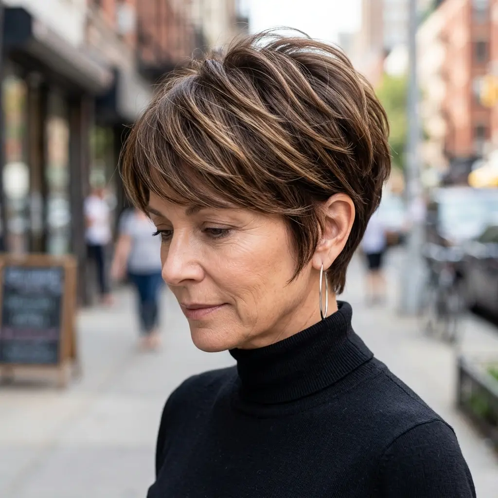 #8 Brunette Pixie with Choppy Layers and Bangs