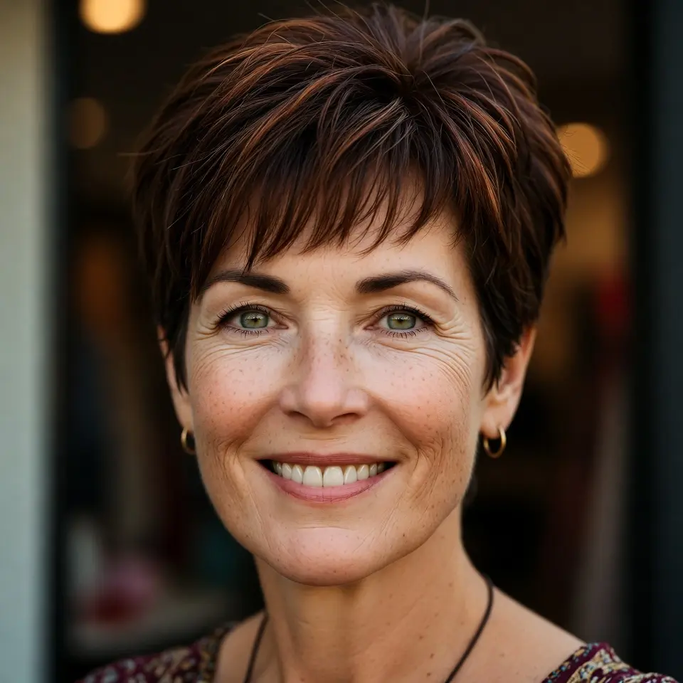 #8 Lightly-Razored Chestnut Pixie Shag with Lifted Crown
