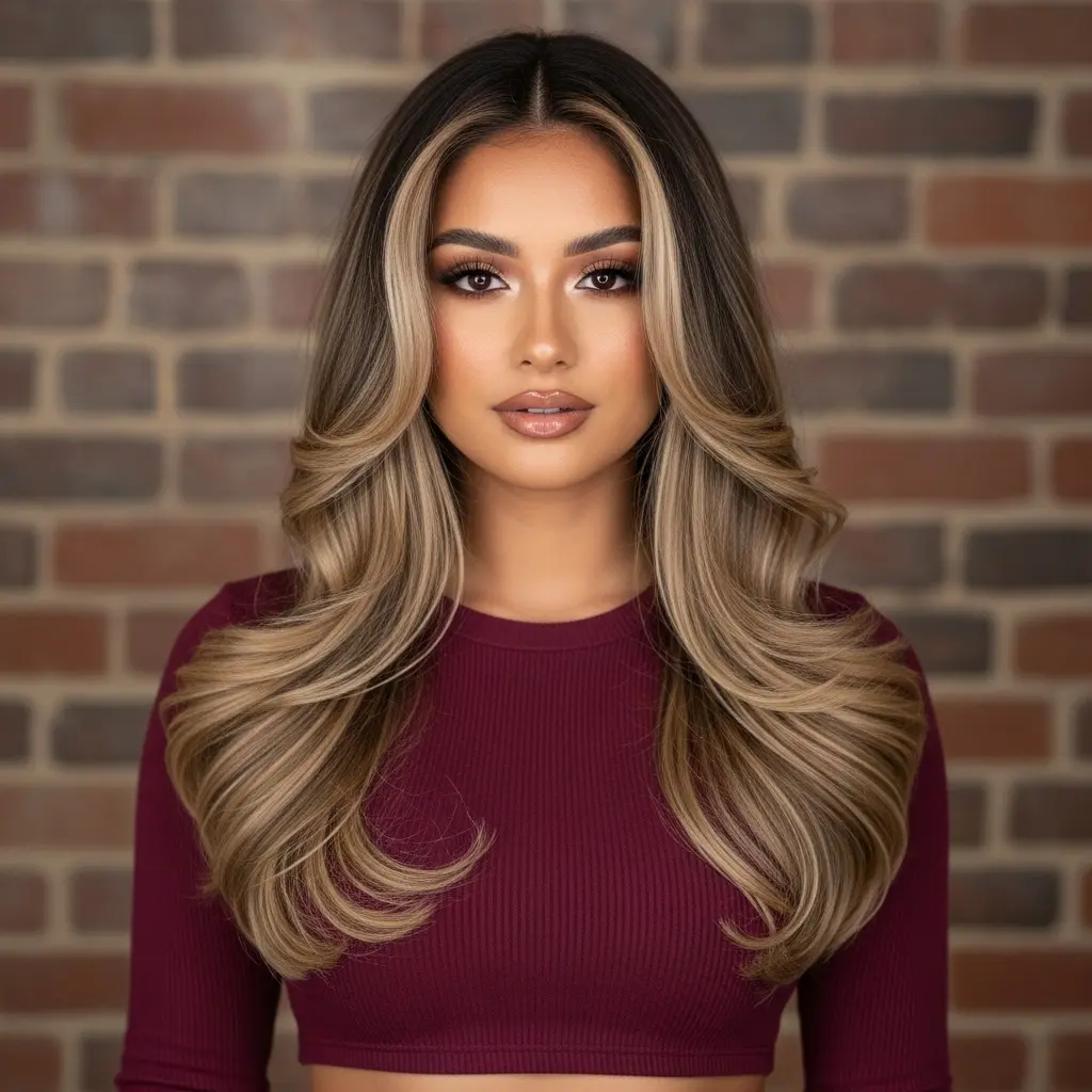 Long Layered Hair with Blonde Money Pieces