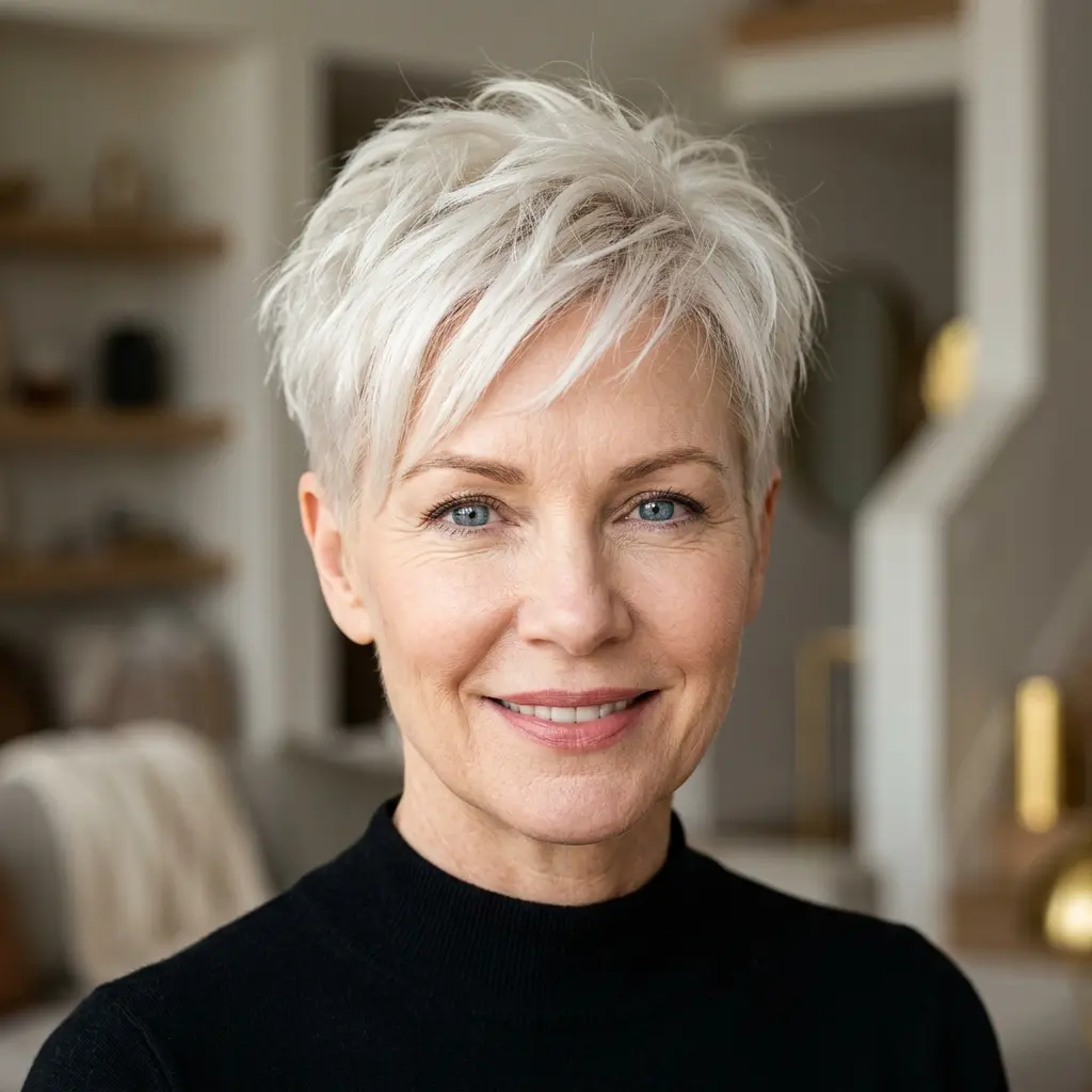 #10 Icy Platinum Textured Long Pixie with Feathered Micro Fringe