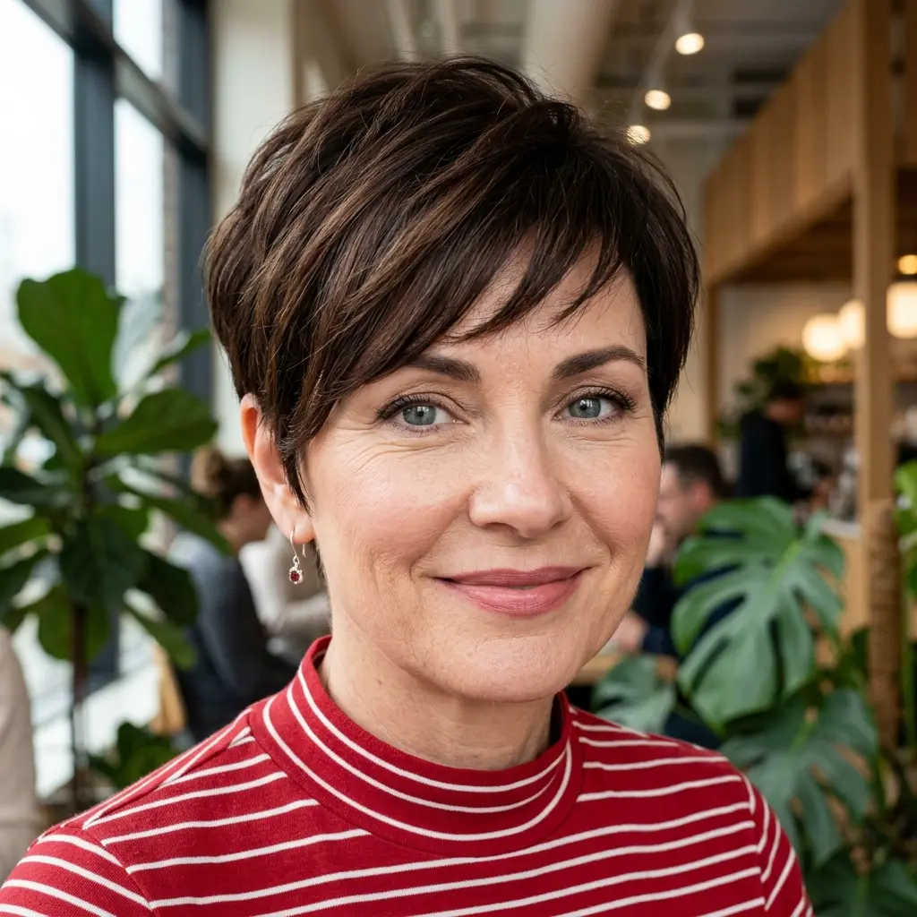 #11 Soft Auburn Long Pixie with Lifted Crown and Diagonal Micro Fringe