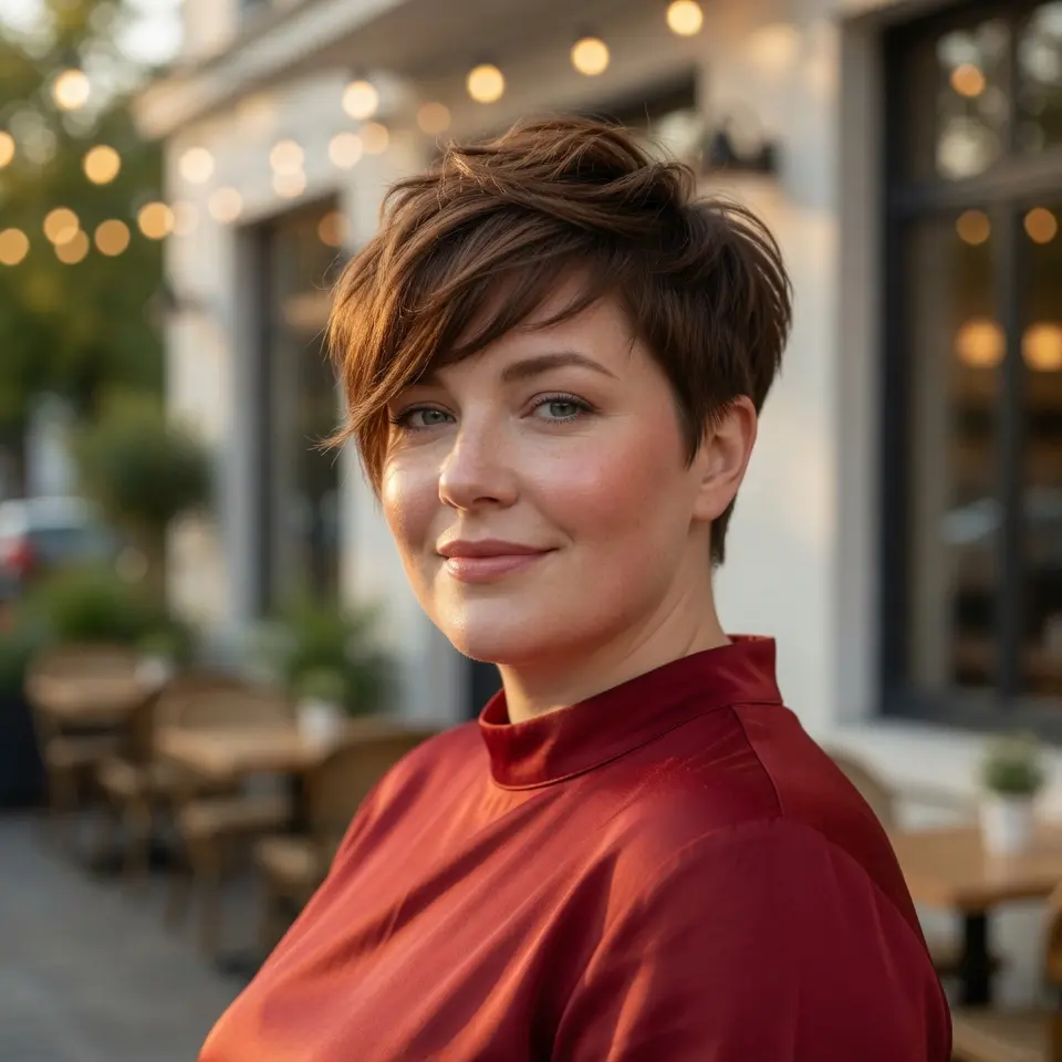 #12 Chestnut Asymmetrical Long Pixie with Feathered Crown and Stacked Nape