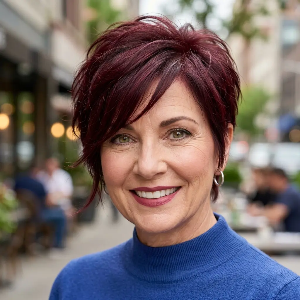 #13 Plum Feathered Long Pixie with Textured Crown and Side Fringe
