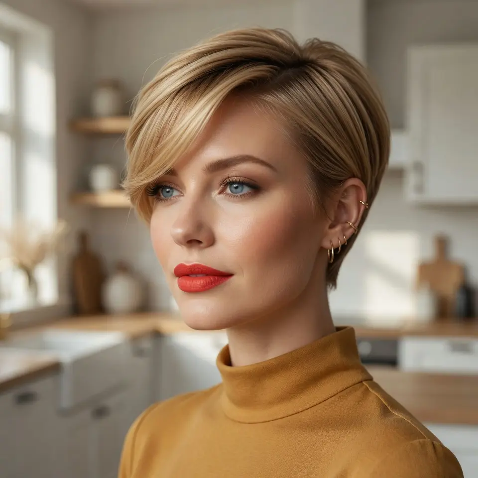 #13 Golden Blonde Pixie Cut with Side-Swept Bangs