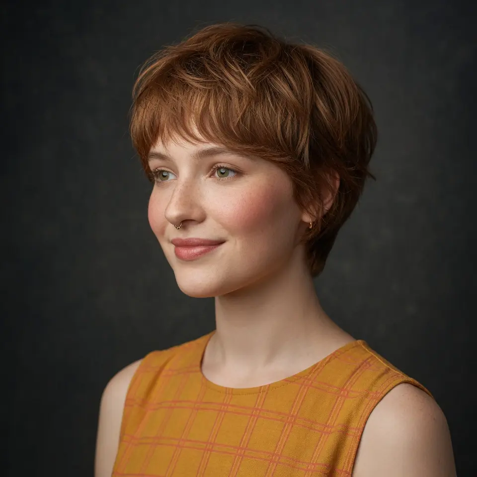 #14 Warm Copper Long Pixie with Micro Fringe and Crown Layers