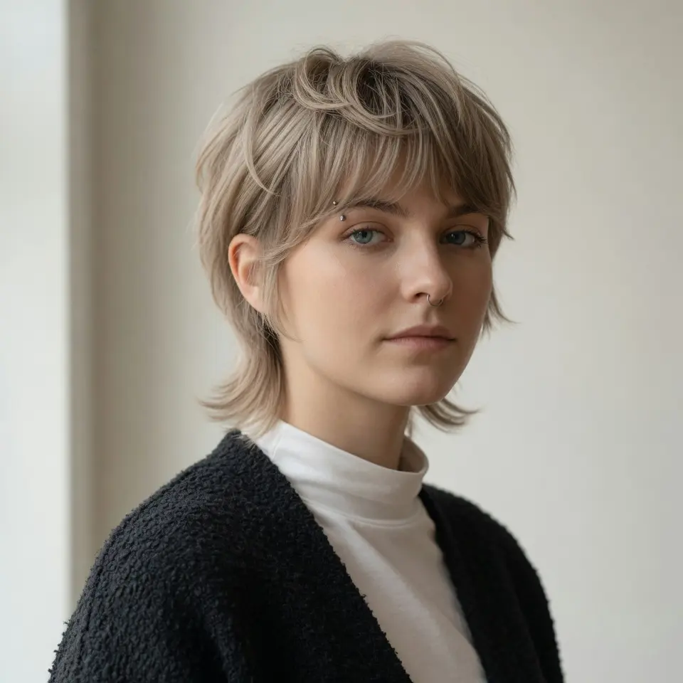 #15 Ash Blonde Shaggy Long Pixie with Feathered Fringe