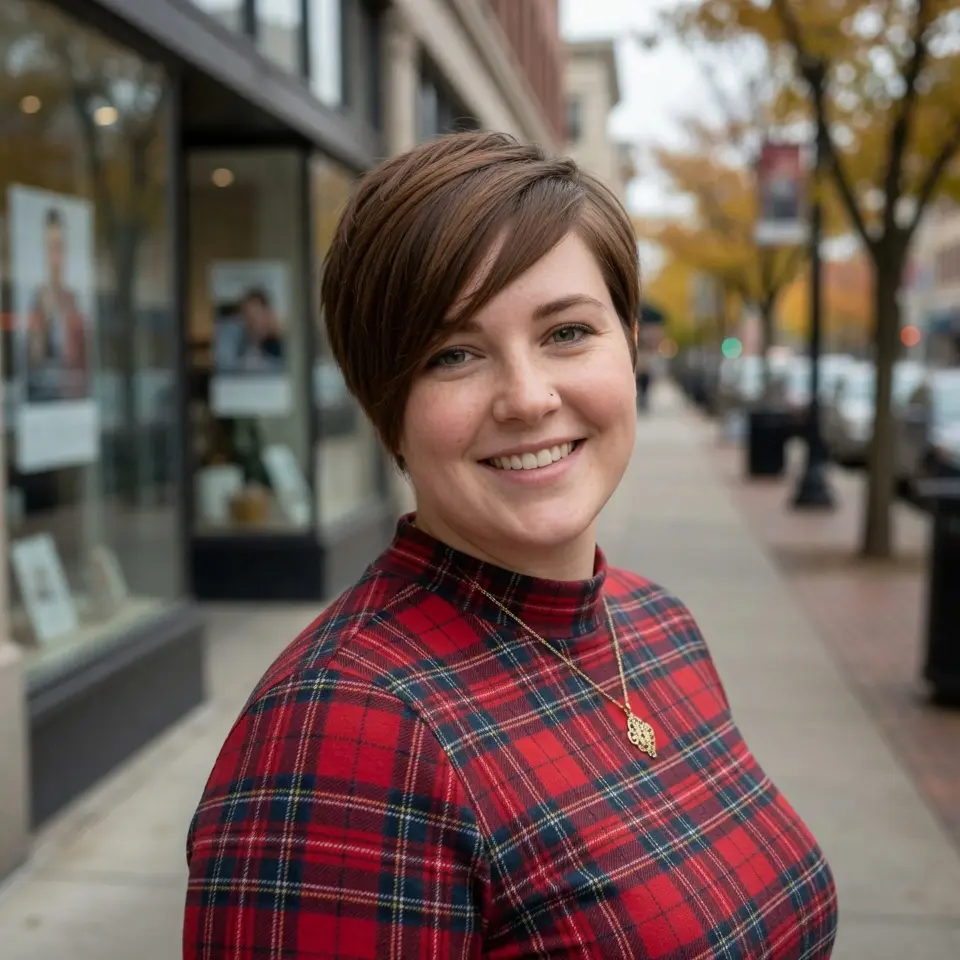 #2 Asymmetrical Chestnut Long Pixie with Graduated Nape