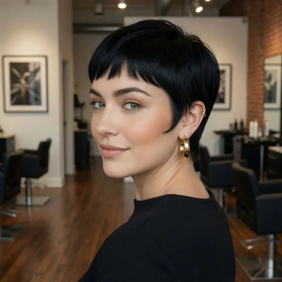 #5 Glossy Black Long Pixie with Cropped Micro Bangs