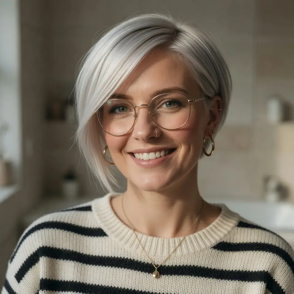 #9 Icy Platinum Long Pixie with Side-Swept Weight Line