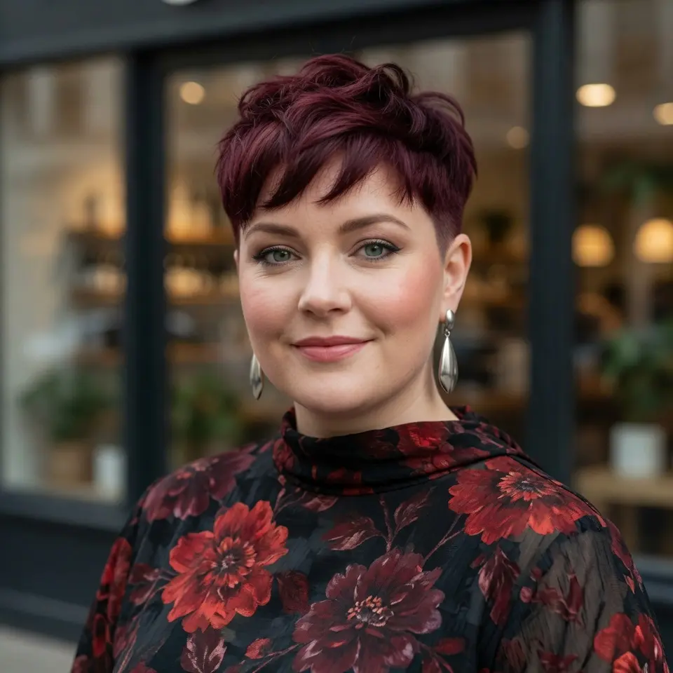 #9 Burgundy Textured Long Pixie with Feathered Micro-Fringe and Tapered Nape