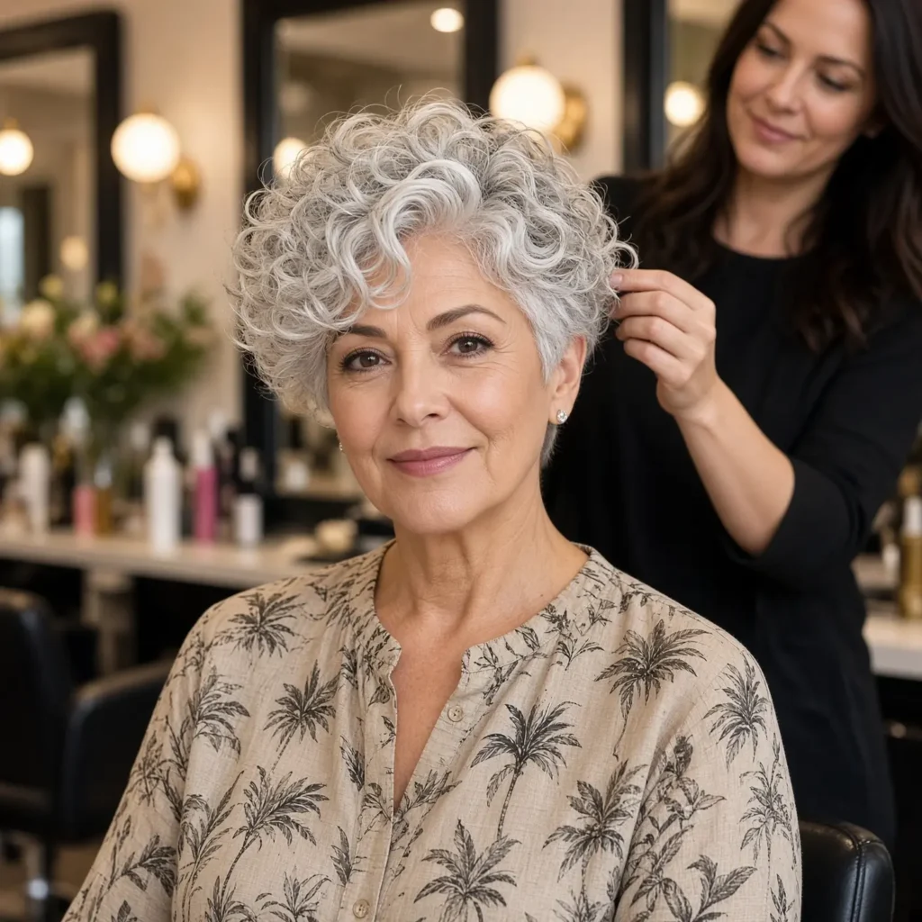 #12 Full-Volume Curly Gray Pixie with Tight Sides and Open Forehead
