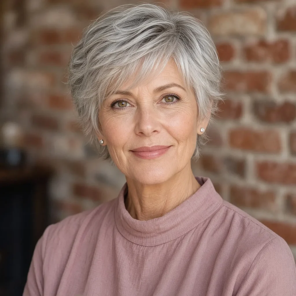 #13 Razor-Textured Silver Pixie with Wispy Forward Fringe and Darker Root Shadow