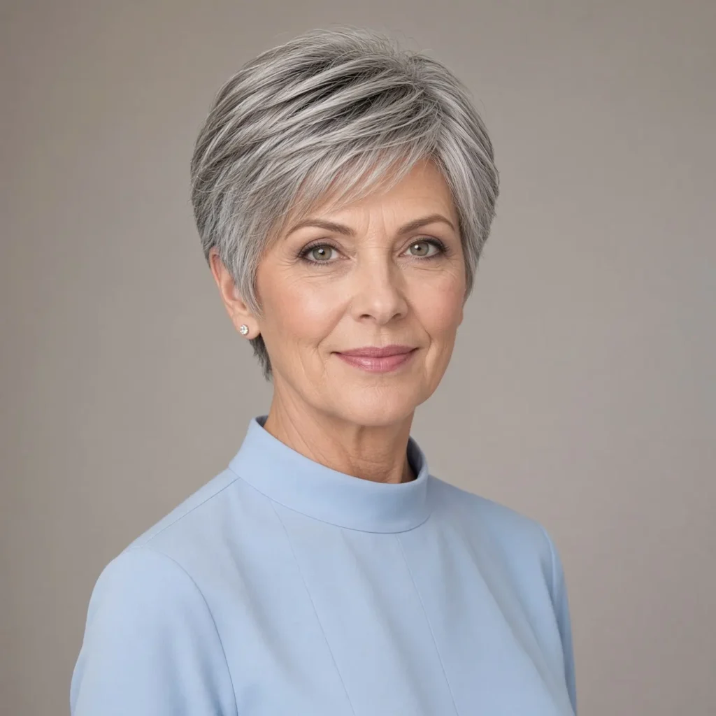 #15 Smooth Side-Swept Pixie with Ash-Silver Blend and Tapered Ears