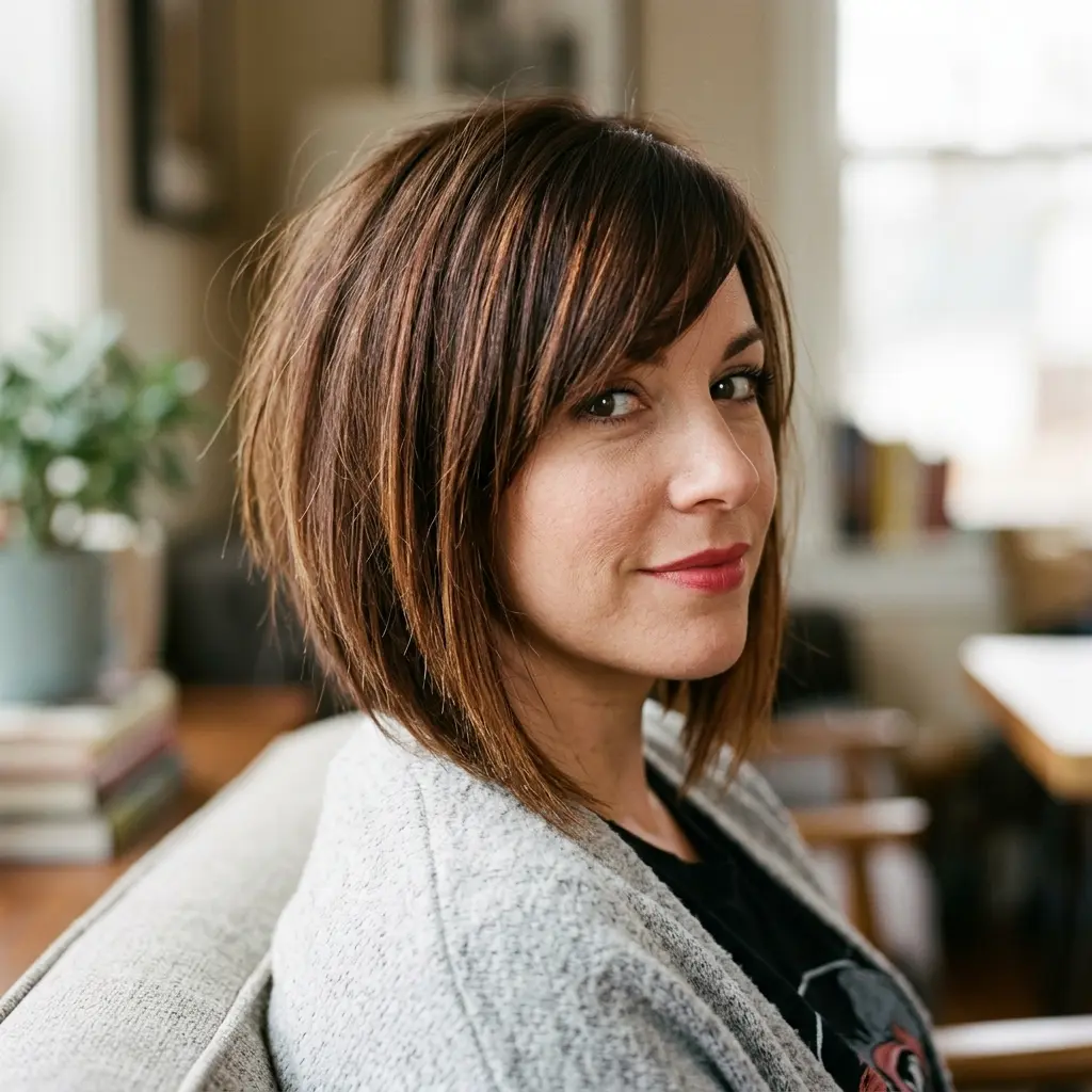 #16 Trendy Chestnut Toned Asymmetrical Bob with Side-Swept Bangs