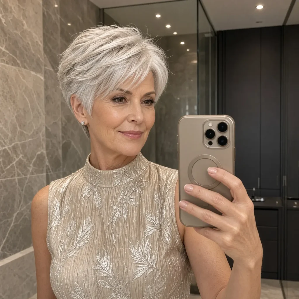 #17 Layered Silver Pixie with Feathered Fringe and Tapered Nape