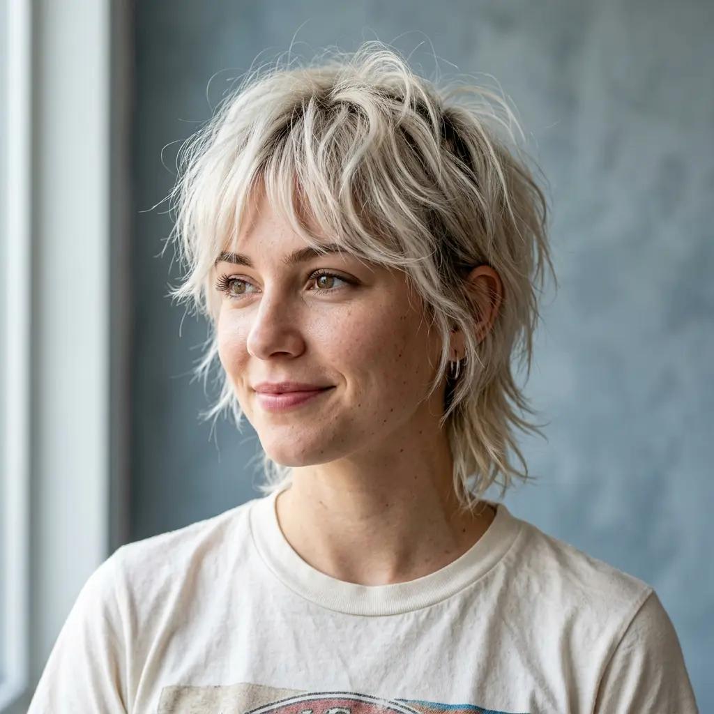 #2 Messy Platinum Pixie Mullet with Face-Framing Layers
