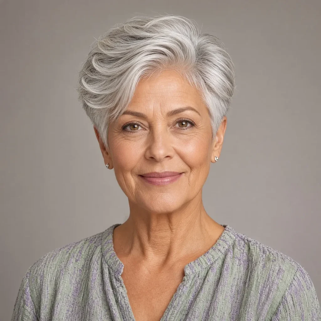 #21 Brushed-Back Silver Pixie with Darker Root Depth