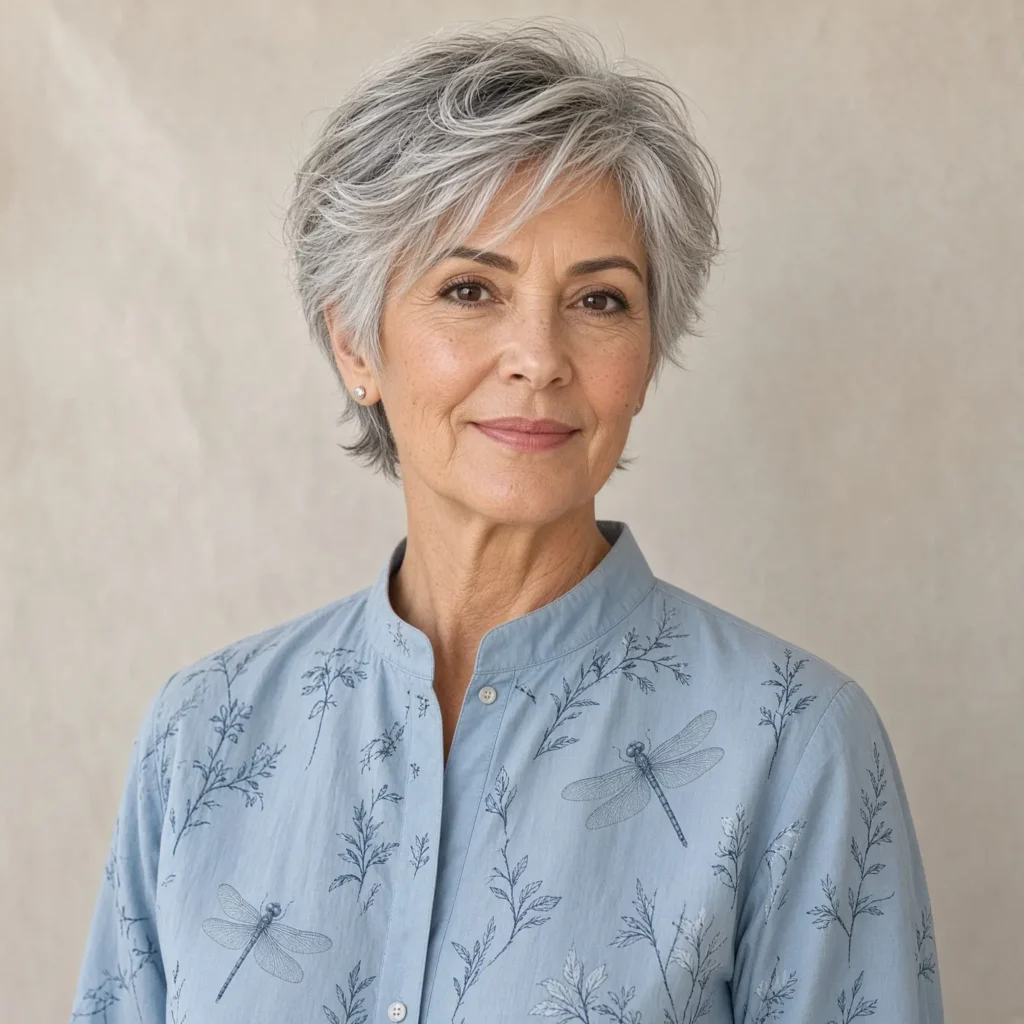 #4 Windswept Silver Pixie with Feathered Forward Fringe and Cropped Ears