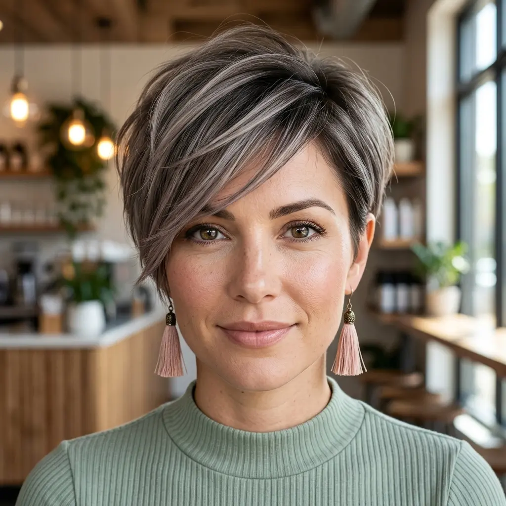 #5 Voluminous Ash Brown Pixie with Long Bangs