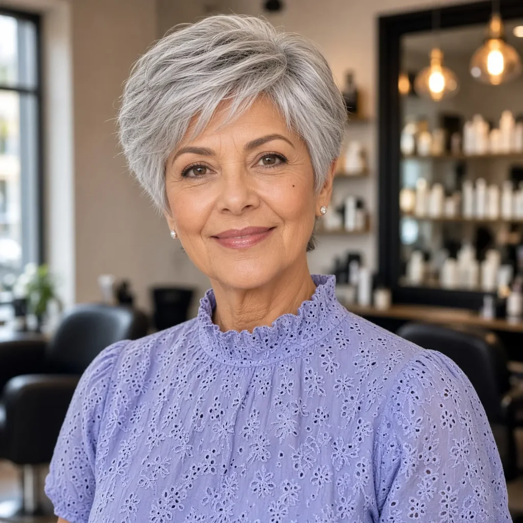 #6 Soft Feathered Gray Crop with Long Wispy Bangs and Ear-Length Sides