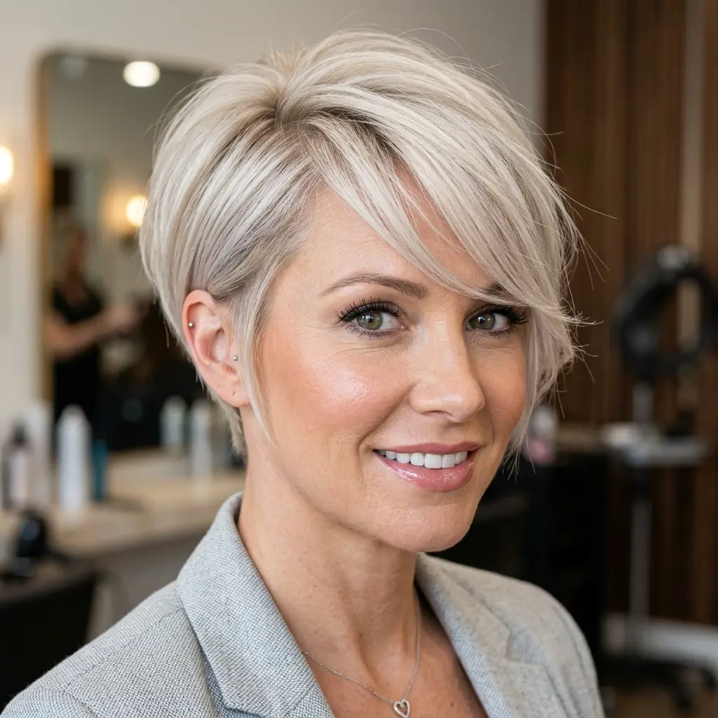 #7 Gleaming Platinum Asymmetrical Pixie with Textured Fringe