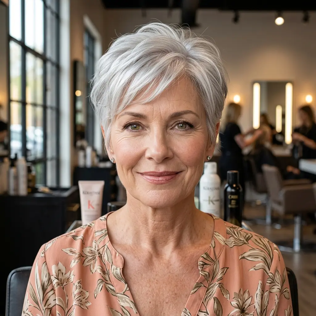 #7 Feathered Platinum Crop with Soft Fringe and Layered Back Movement