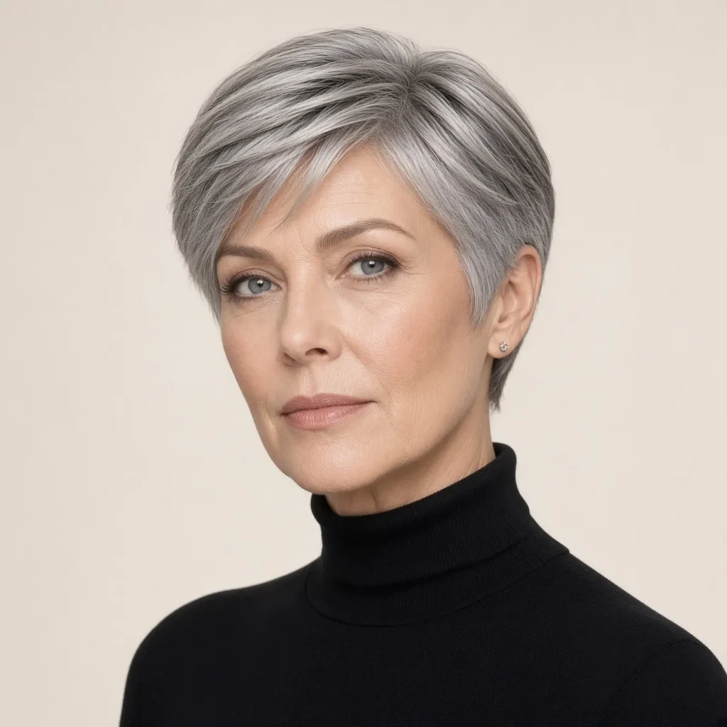 7. Side-Swept Cropped Pixie with Grey Balayage