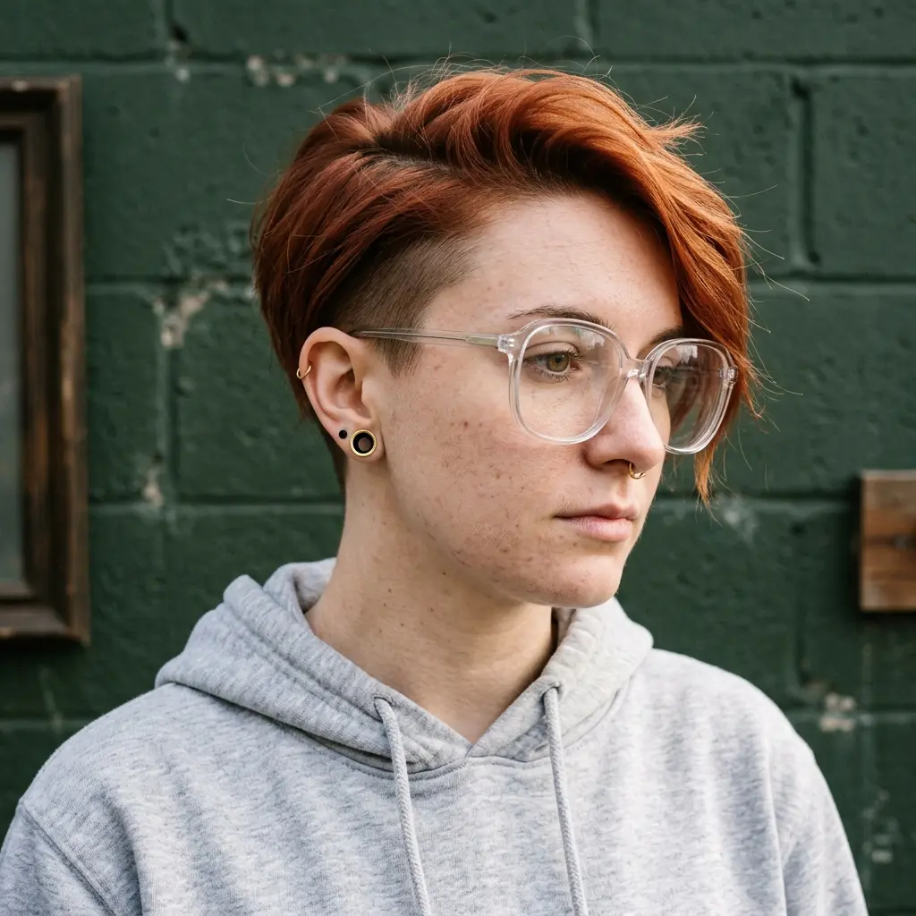 #8 Vibrant Auburn Asymmetrical Pixie with Green Highlights