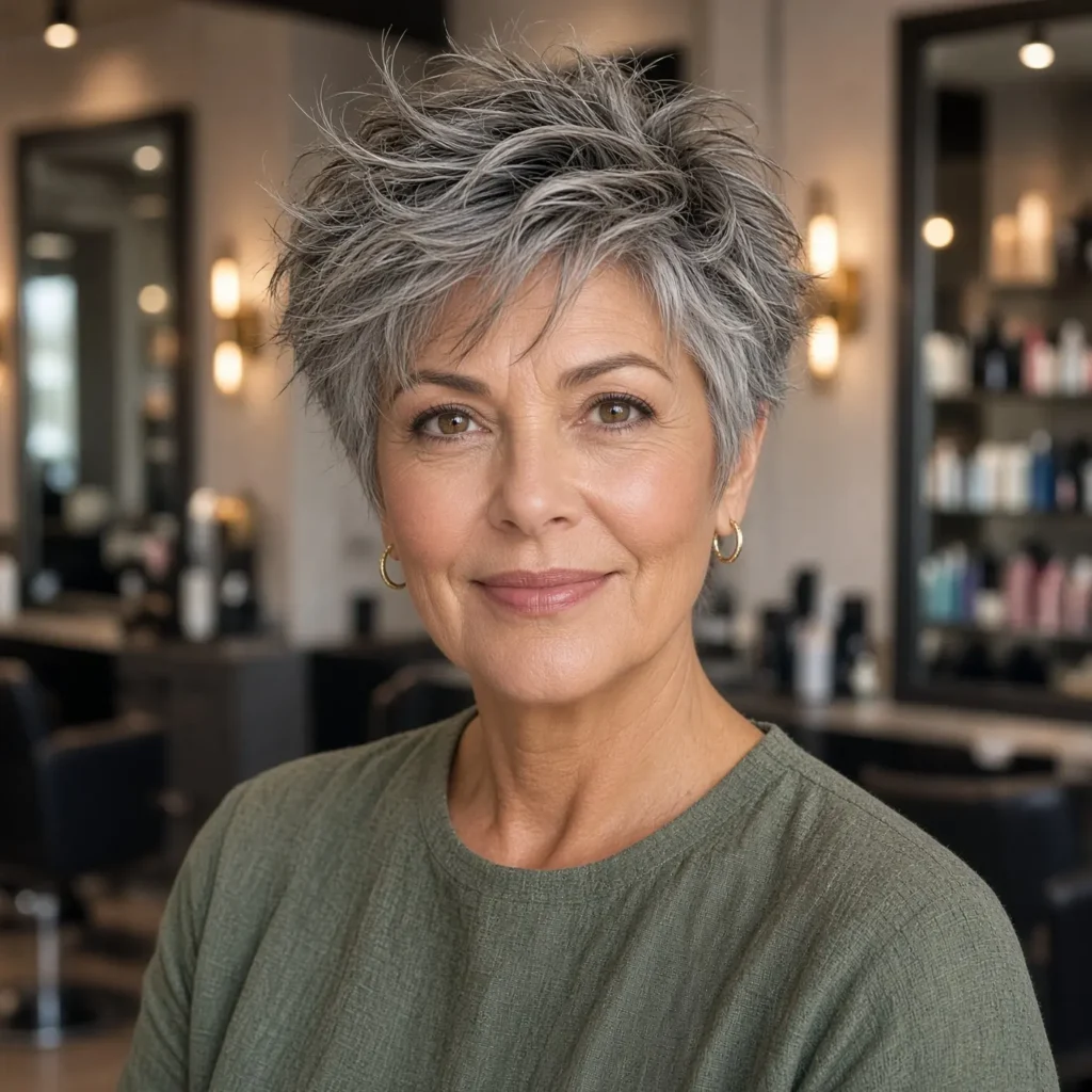 #8 Messy Razored Pixie with Dark Root Transition and Silver Ends