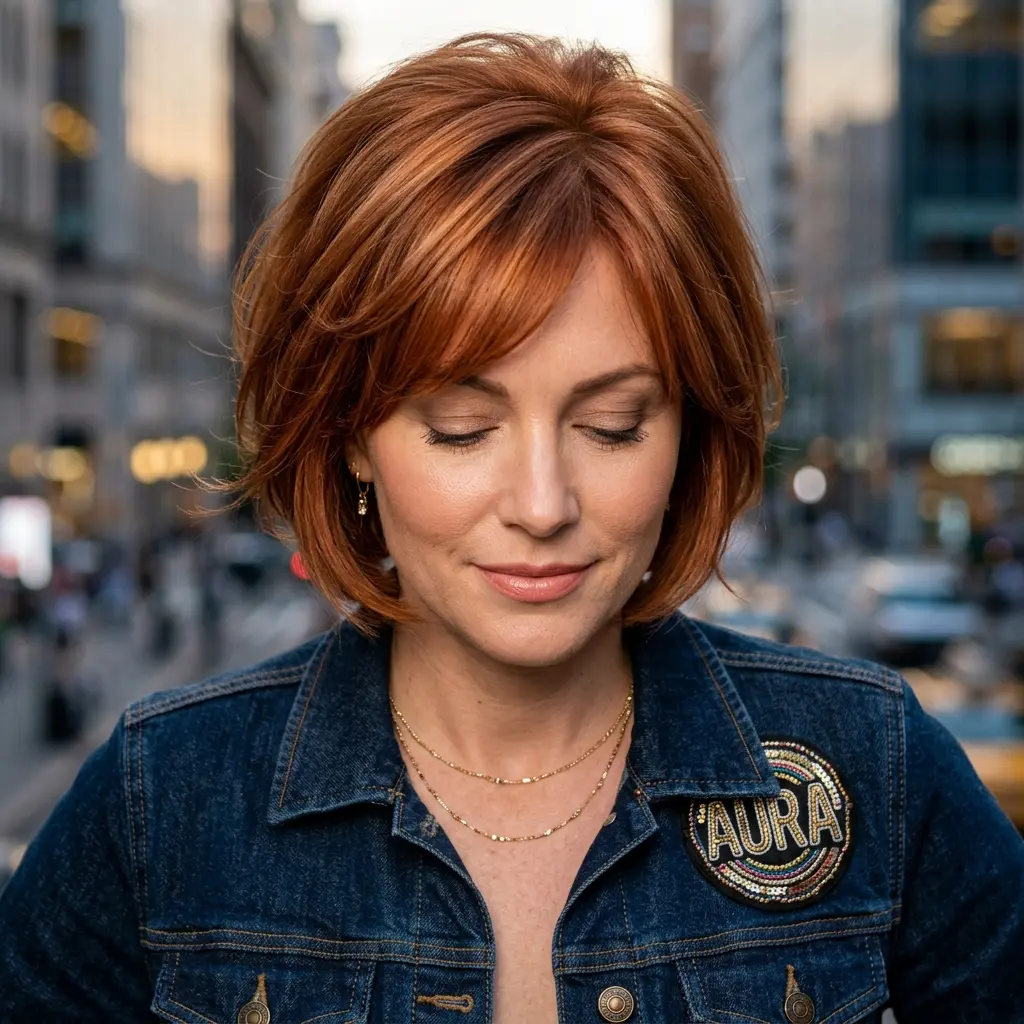 #9 Copper-Toned Asymmetrical Bob with Subtle Textured Layers