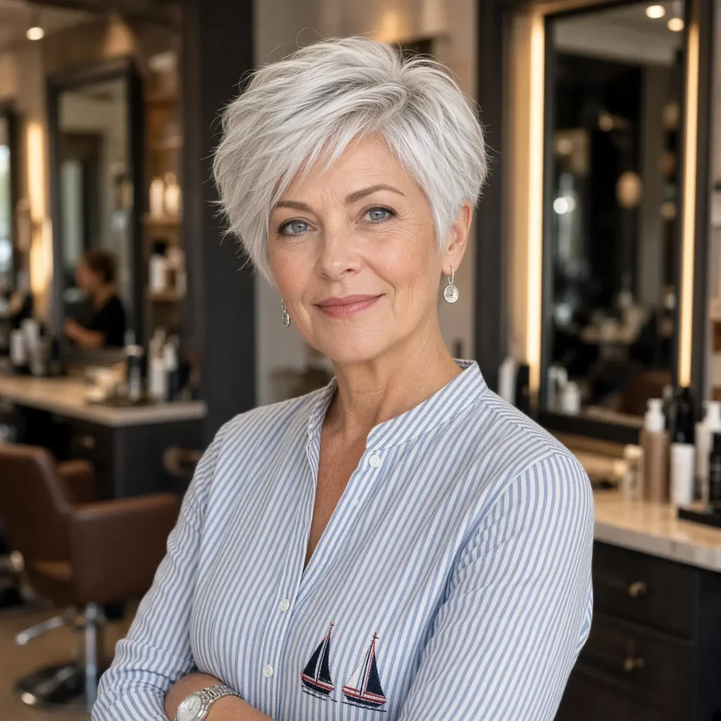 #9 Long Layered Silver Pixie with Sweeping Side Fringe and Textured Crown