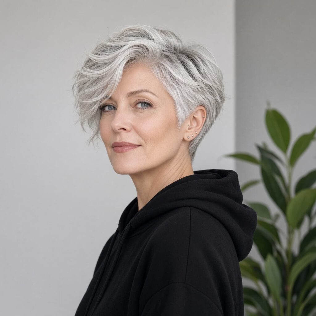 #14 Platinum Long Pixie with a Side Part