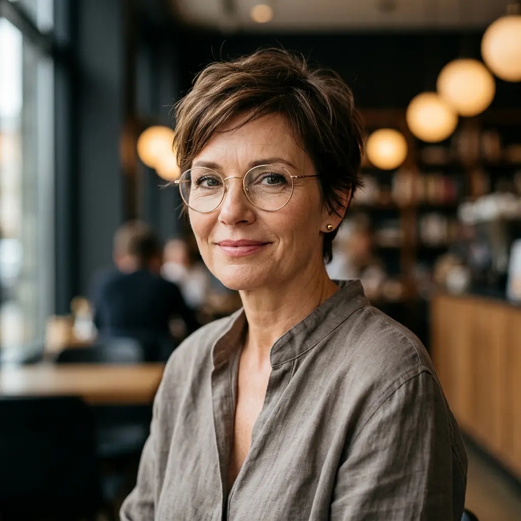 #4 Feathered Chestnut Pixie with Glasses-Tailored Temple Tabs