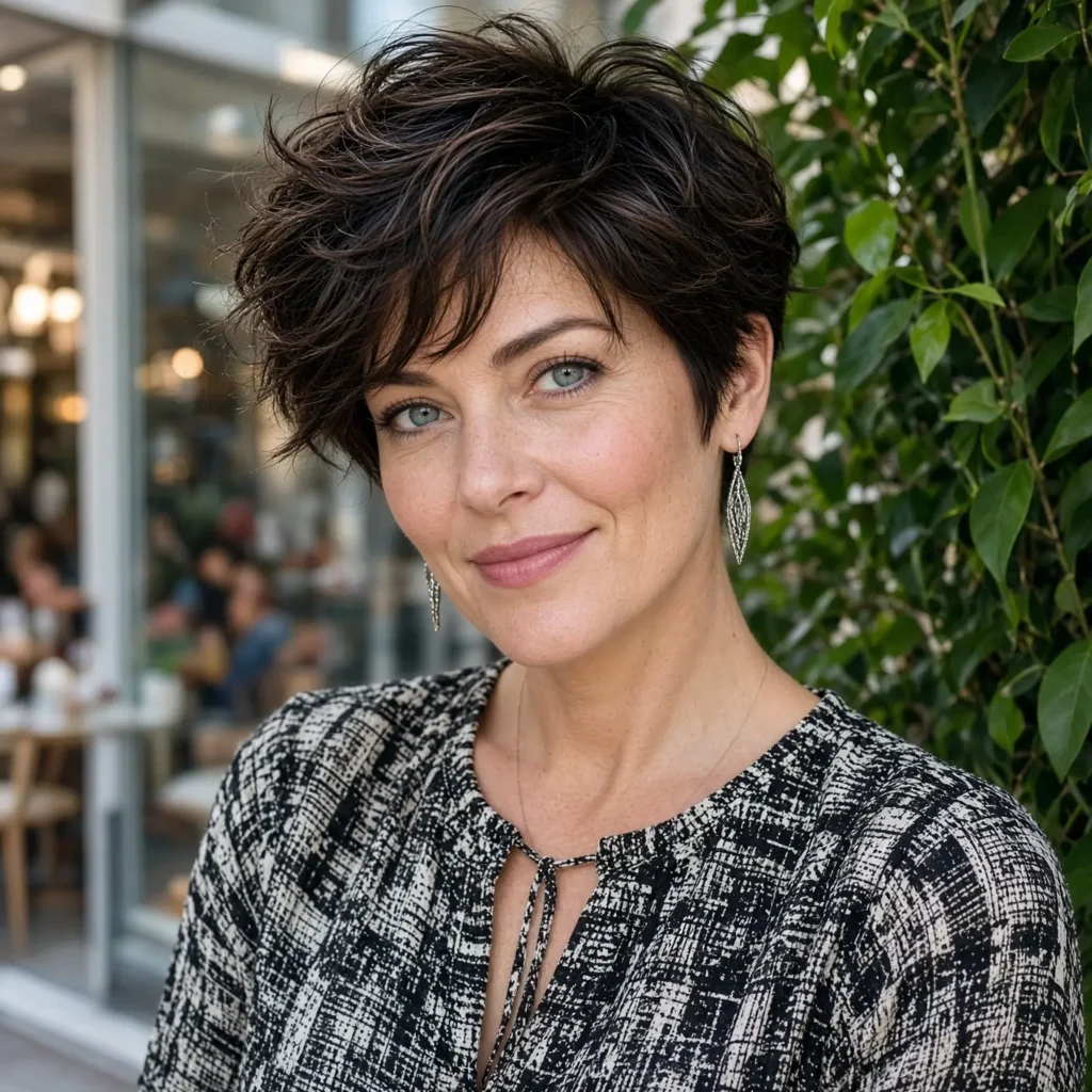 #6 Feathered Espresso Pixie with Asymmetrical Micro-Bang
