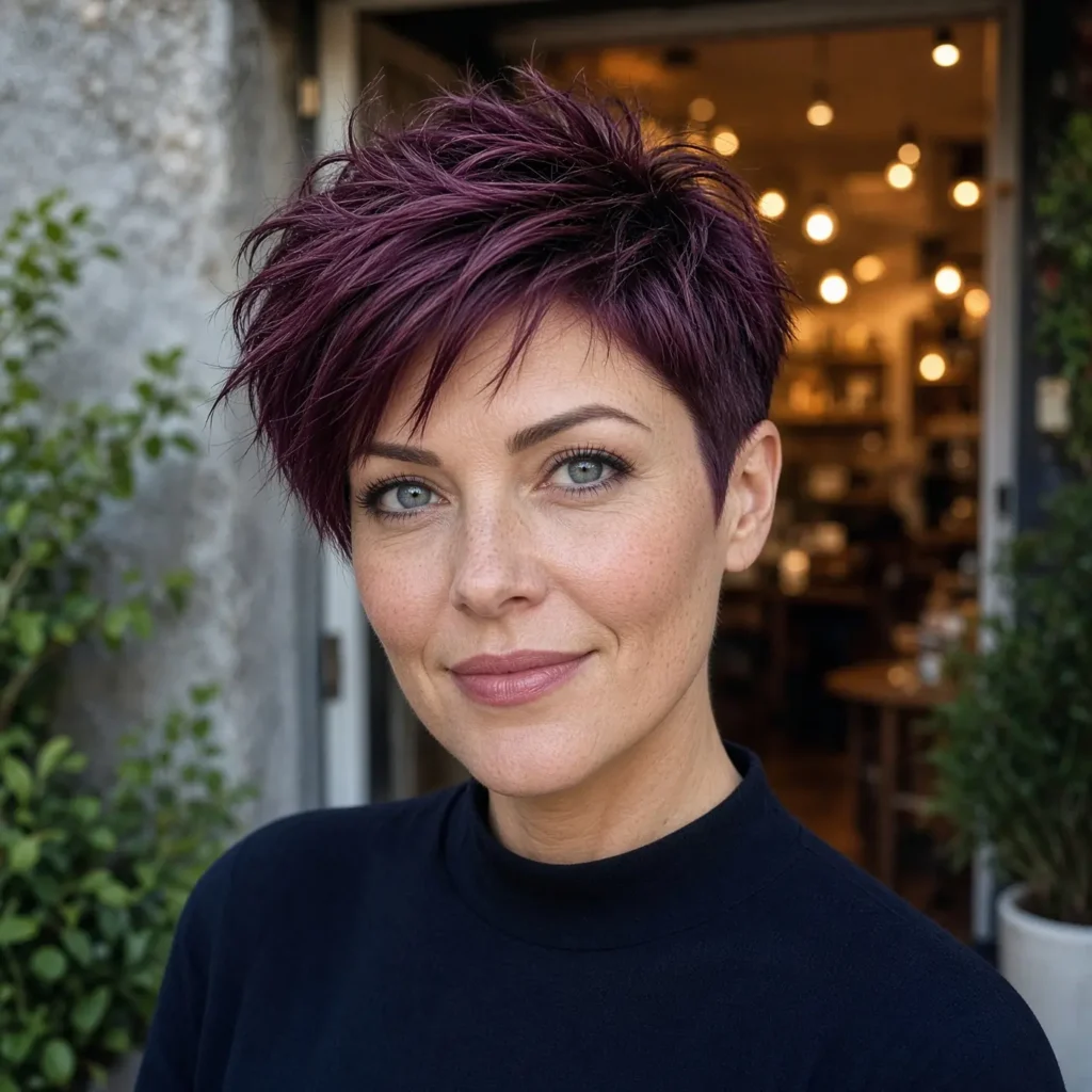#8 Plum Textured Pixie with Choppy Crown and Tapered Temples