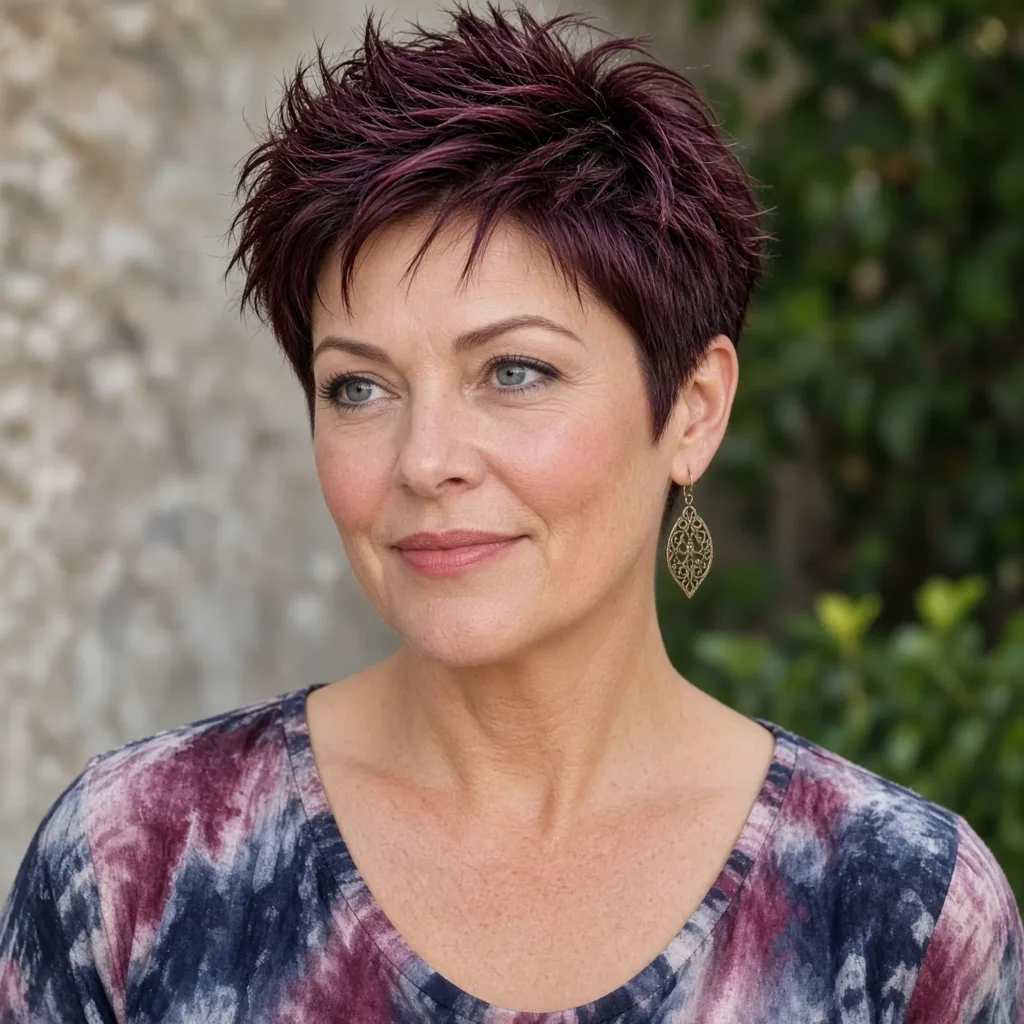 #9 Short Spiky Burgundy Pixie with Tapered Sides and Textured Crown
