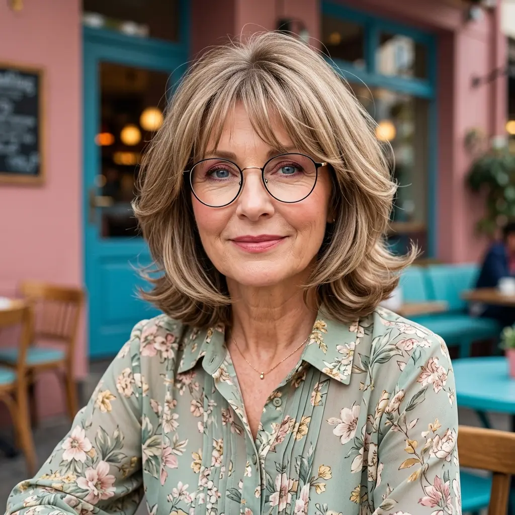 #12 Soft Shoulder-Grazing Layered Bob with Feathered Curtain Fringe and Glasses