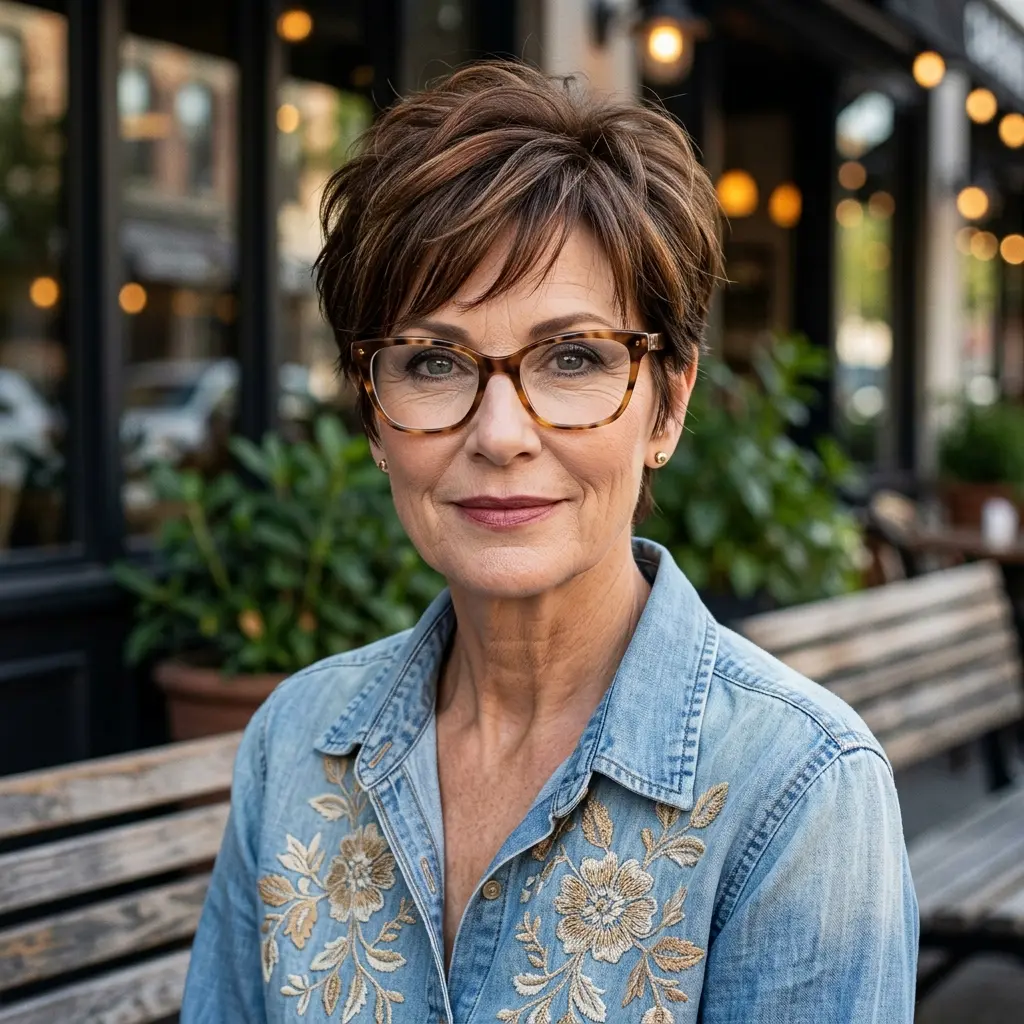 #13 Textured Chestnut Pixie with Wispy Fringe and Tortoiseshell Glasses