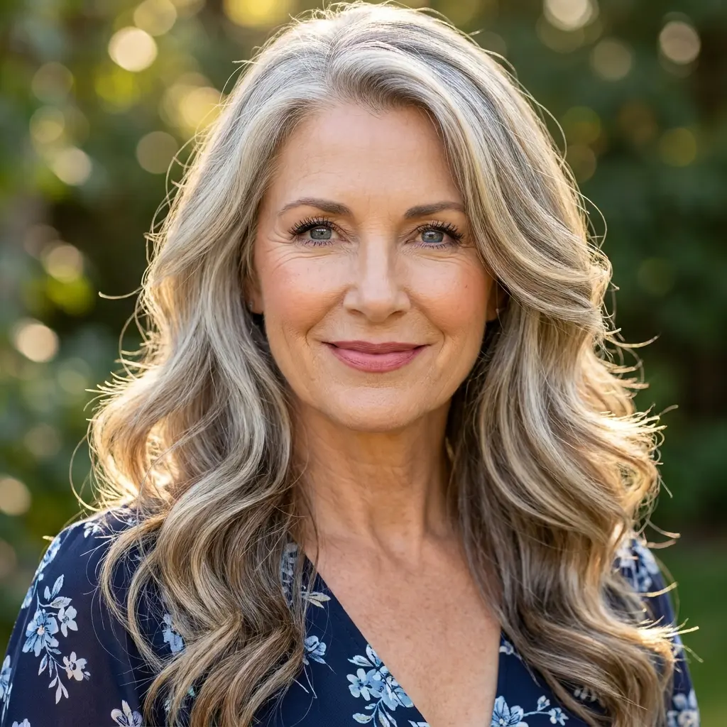 #15 Long Gray Hair With Caramel Lowlights For Added Warmth