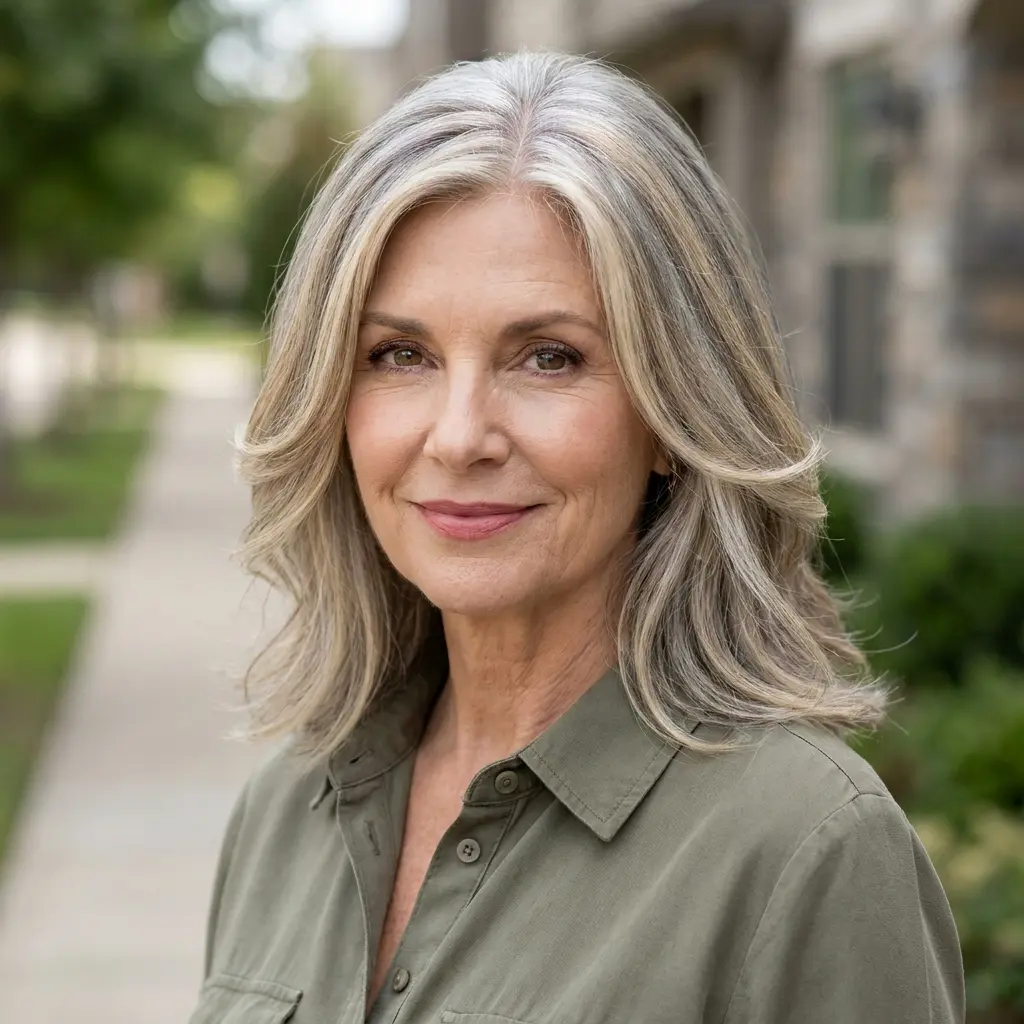 #17 Blending Gray Hair With Blonde Streaks And Lowlights