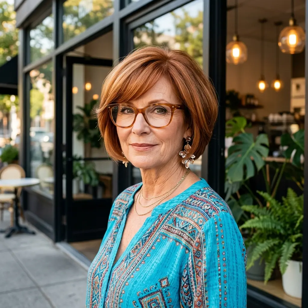 #2 Copper Stacked Bob with Side-Swept Fringe and Glasses