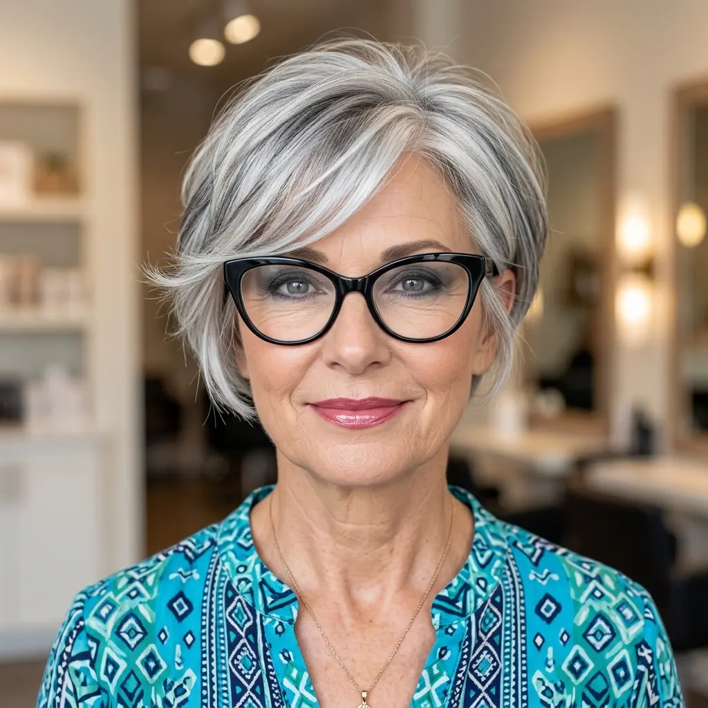 20. Short Feathered Gray Hairstyle with Swept Bangs