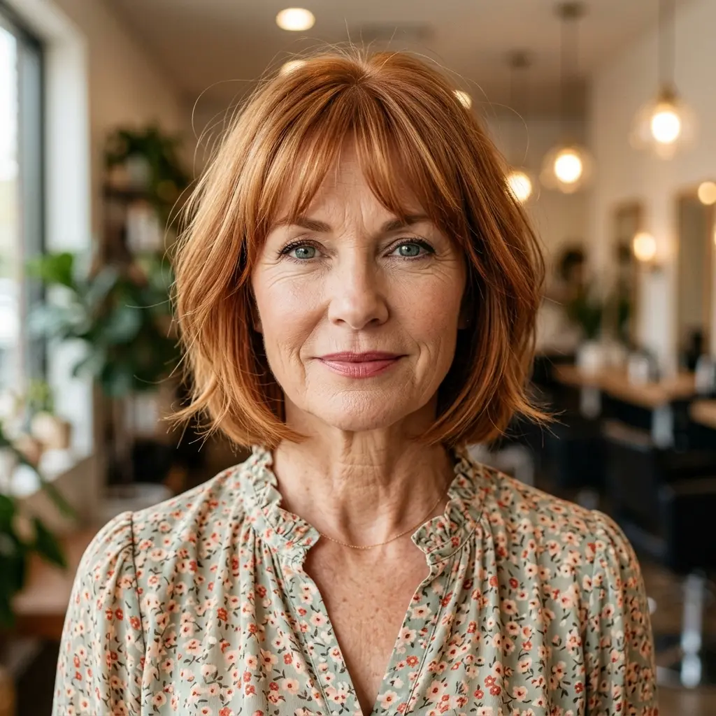 #4 Feathered Copper Short Bob with Wispy Curtain Fringe