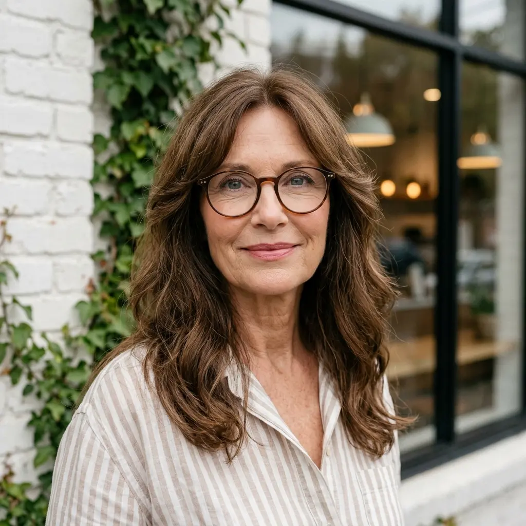 #5 Long Chestnut Face-Framing Layers with Soft Waves and Round Glasses