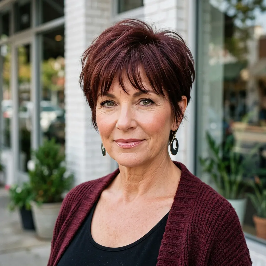 #5 Mahogany Textured Pixie with Feathered Crown and Soft Micro-Bangs