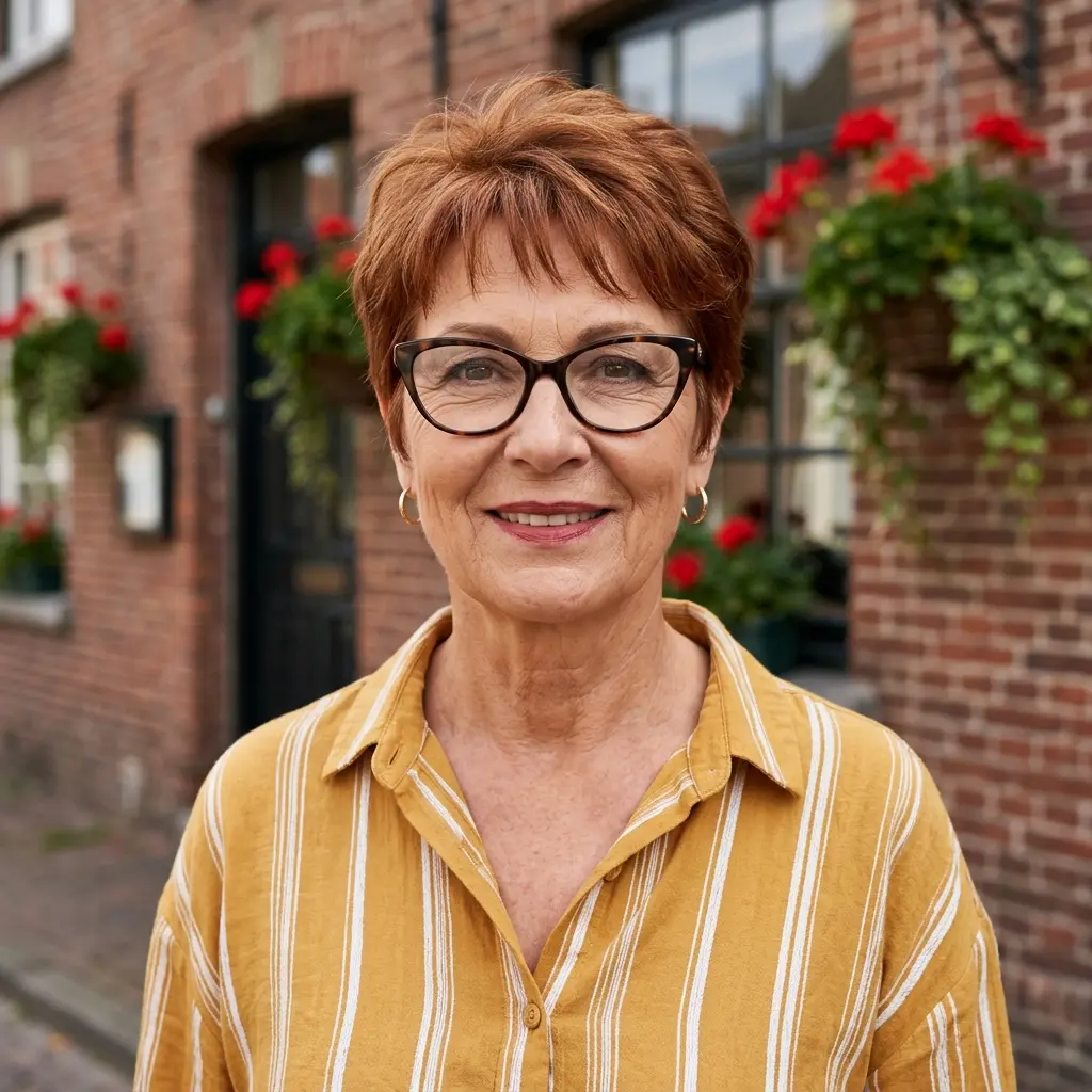 #6 Short Textured Auburn Pixie with Soft Micro-Bangs and Glasses