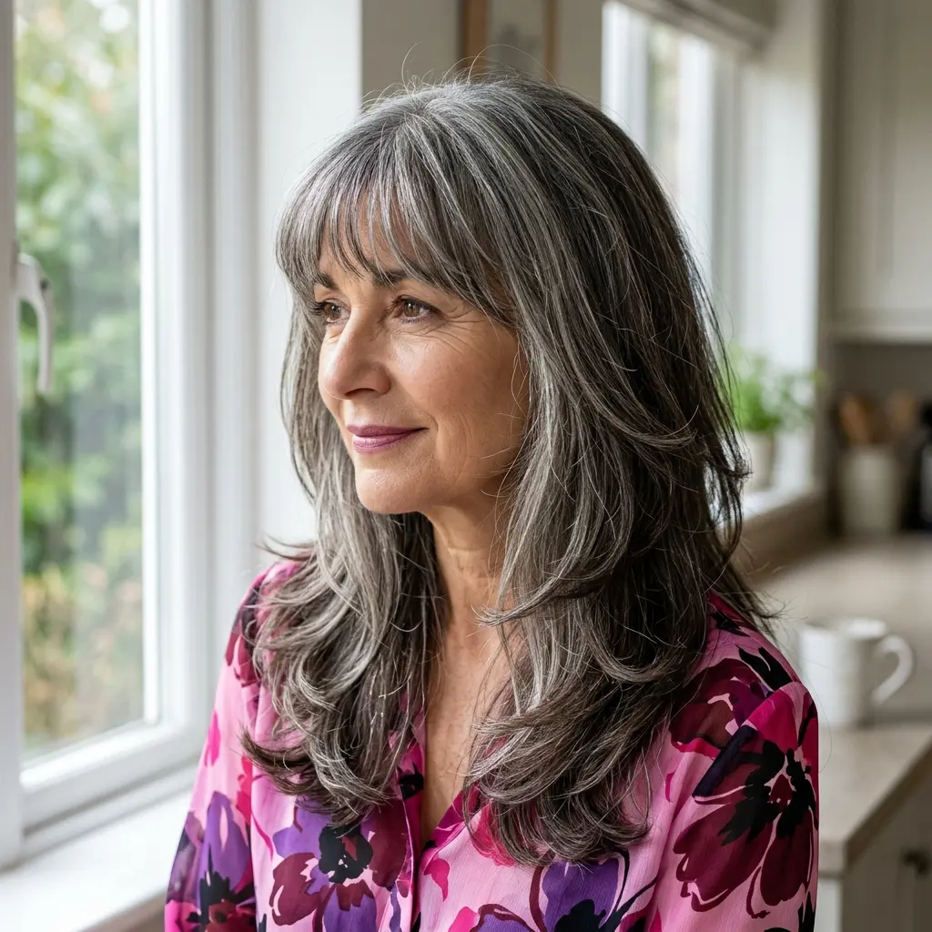 6. Layered Grey Hair with Soft Bangs
