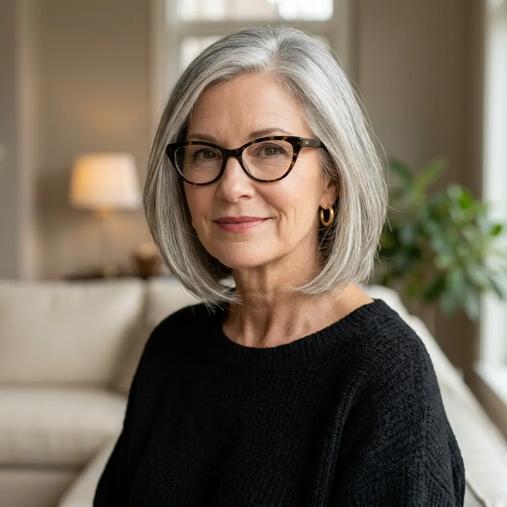 #7 Silver Chin-Length Angled Bob with Side Part and Glasses