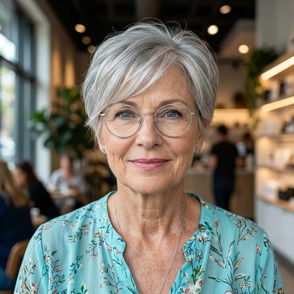 #8 Silver Textured Pixie with Side-Swept Fringe and Round Glasses